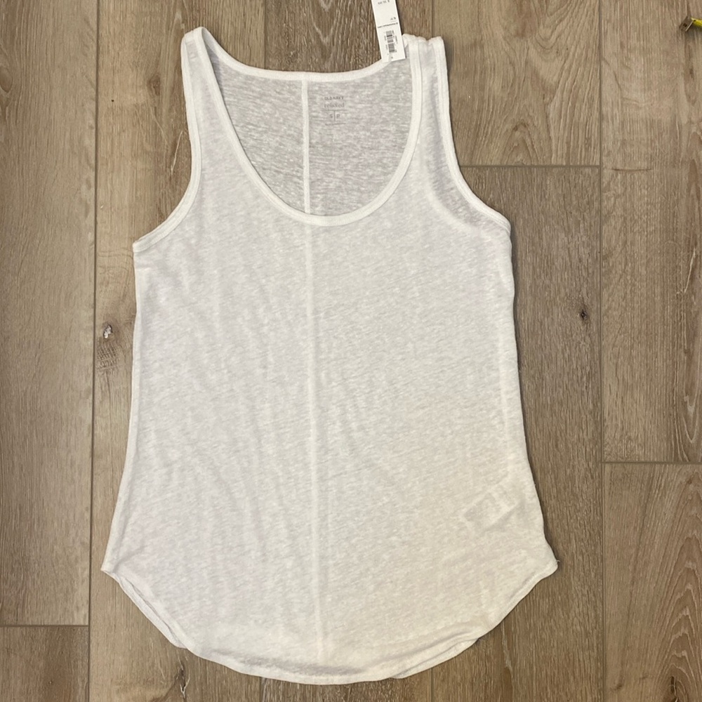 New Old Navy White Linen Blend Relaxed Curve Hem Calla Lily Tank Top Size Small